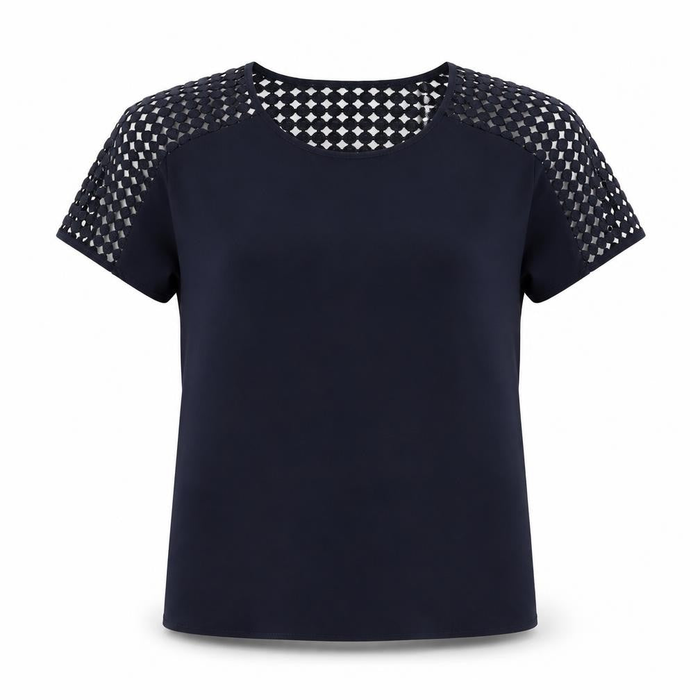 Front view of Ellen Reyes women’s blue polyester basic blouse, size S, round neck