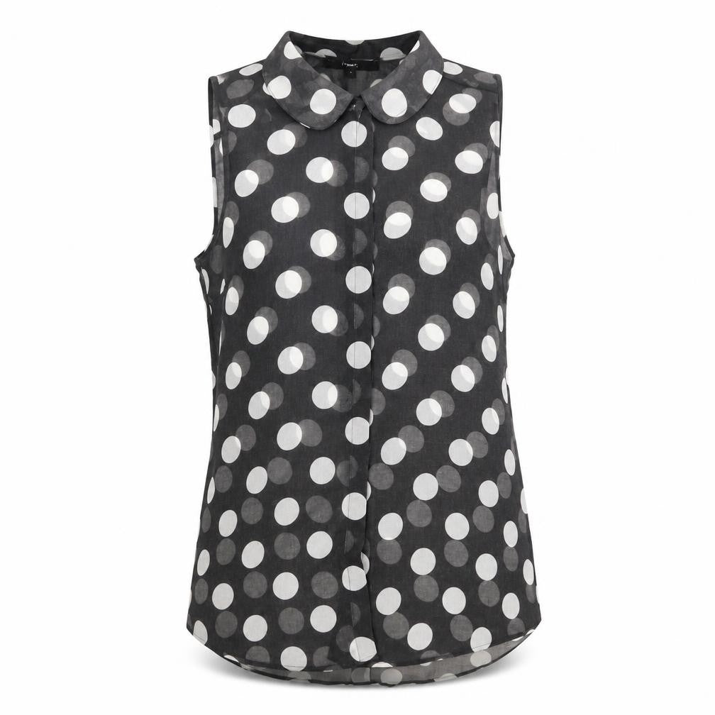 Front view of Next women’s black polka dot polyester basic button-up, size UK 8, collared