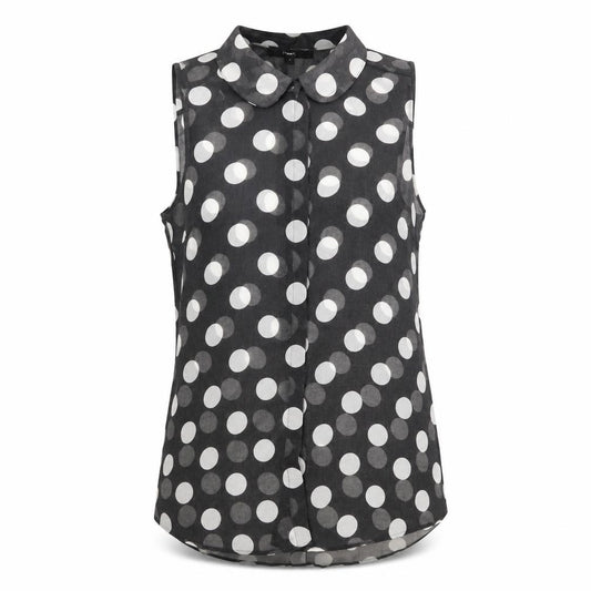 Front view of Next women’s black polka dot polyester basic button-up, size UK 8, collared