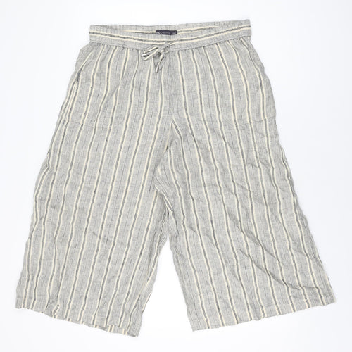 Marks and Spencer Womens Beige Striped Linen Cropped Trousers Size 14 L20 in Regular Drawstring