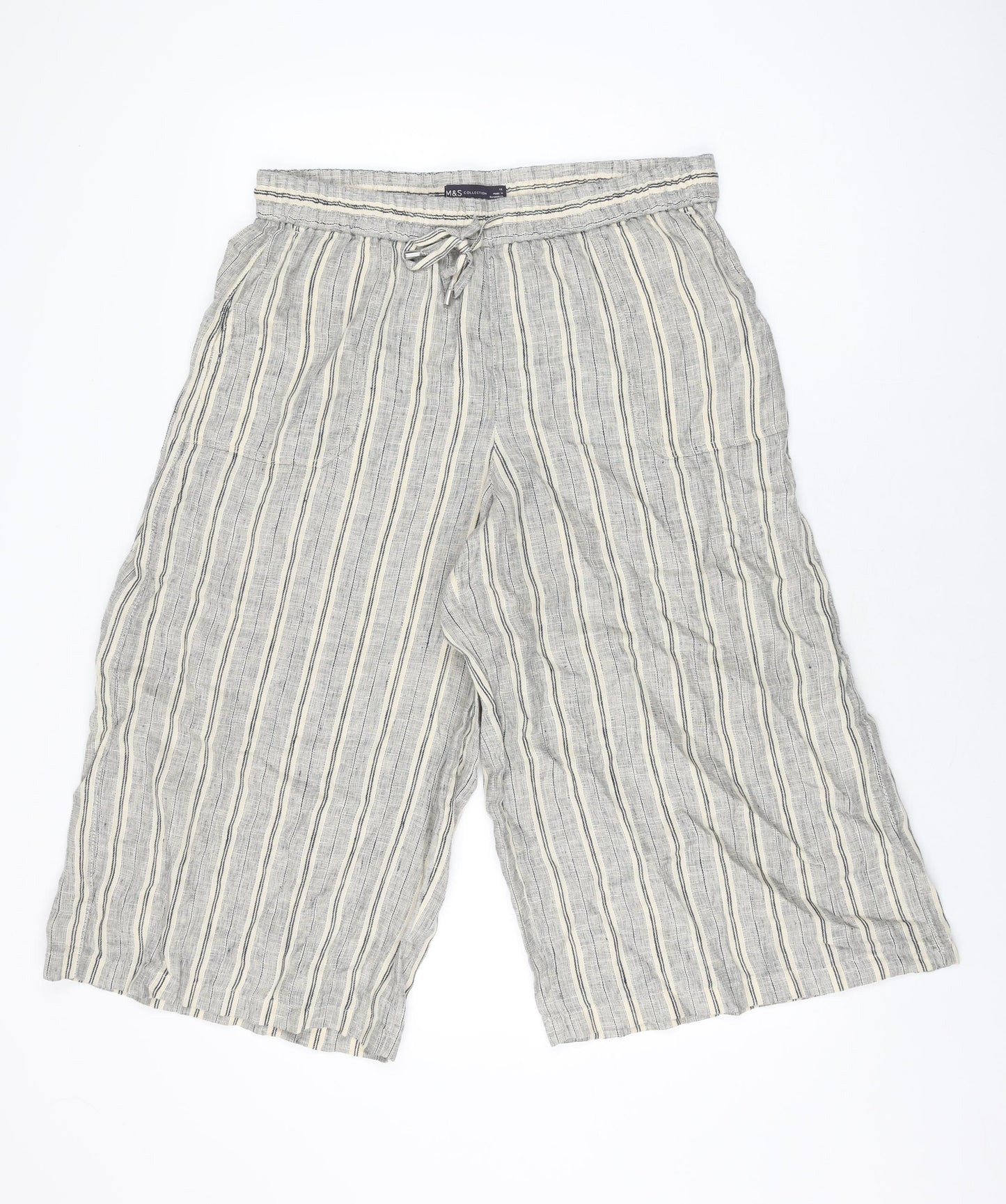 Marks and Spencer Womens Beige Striped Linen Cropped Trousers Size 14 L20 in Regular Drawstring