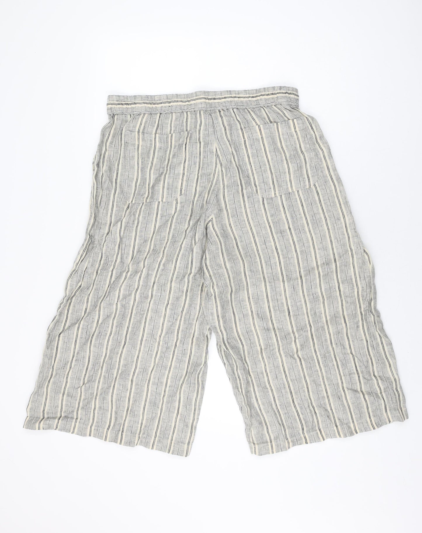 Marks and Spencer Womens Beige Striped Linen Cropped Trousers Size 14 L20 in Regular Drawstring