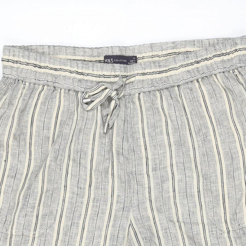 Marks and Spencer Womens Beige Striped Linen Cropped Trousers Size 14 L20 in Regular Drawstring
