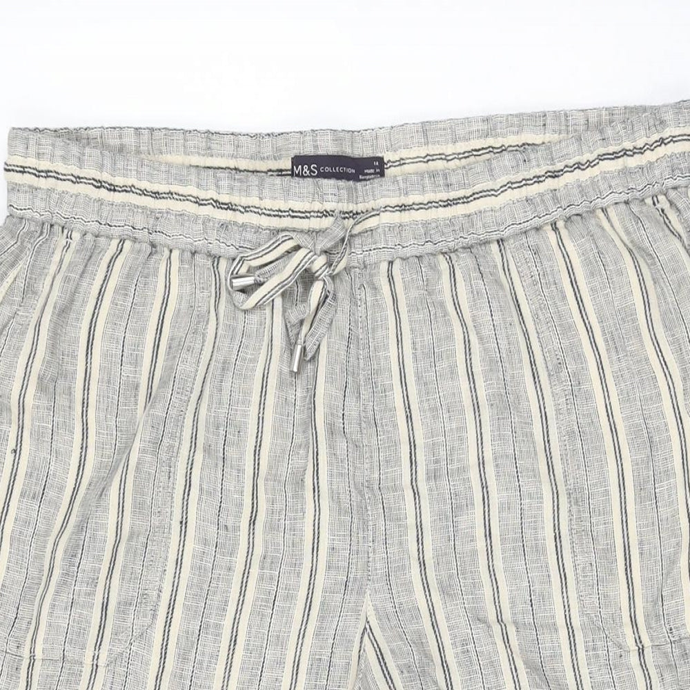 Marks and Spencer Womens Beige Striped Linen Cropped Trousers Size 14 L20 in Regular Drawstring