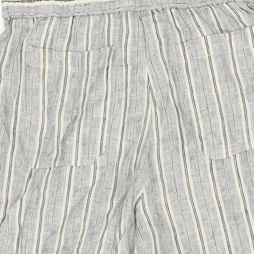 Marks and Spencer Womens Beige Striped Linen Cropped Trousers Size 14 L20 in Regular Drawstring