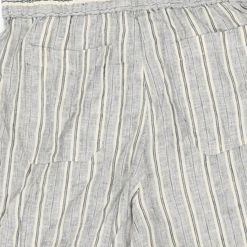 Marks and Spencer Womens Beige Striped Linen Cropped Trousers Size 14 L20 in Regular Drawstring