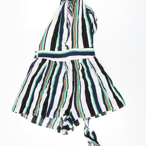 PRETTYLITTLETHING Womens White Striped Viscose Playsuit One-Piece Size 12 L3 in Zip
