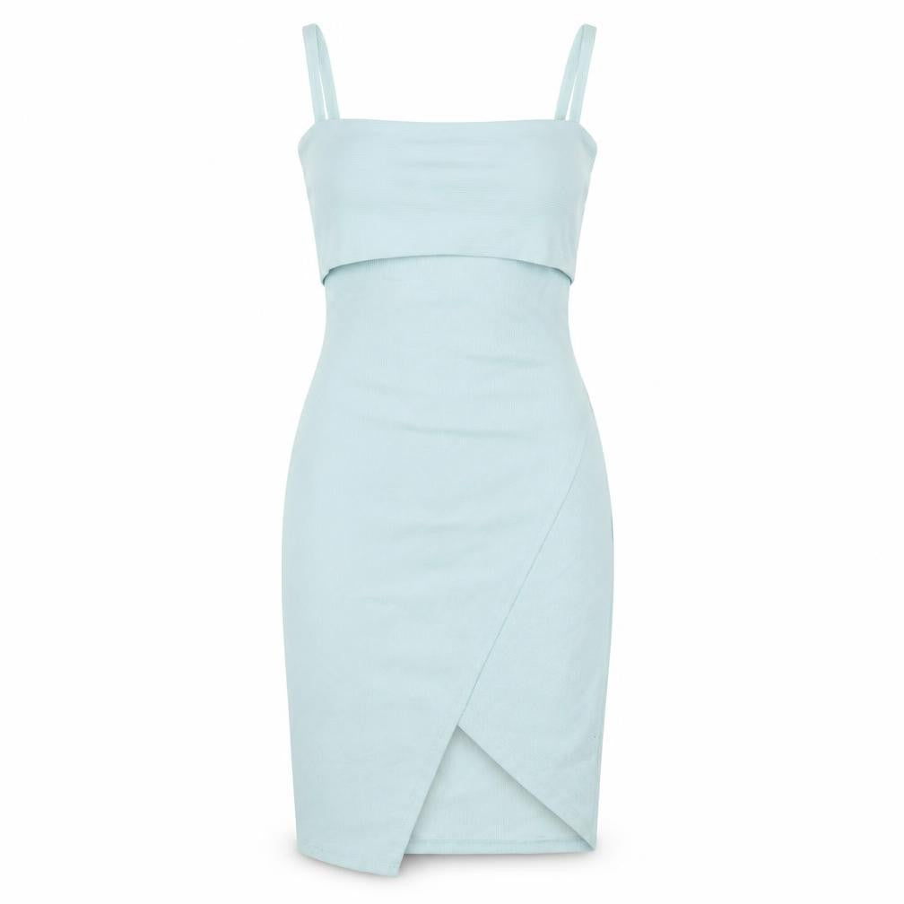 Front view of New Look women’s blue polyester bodycon, size UK 10, square neck zip