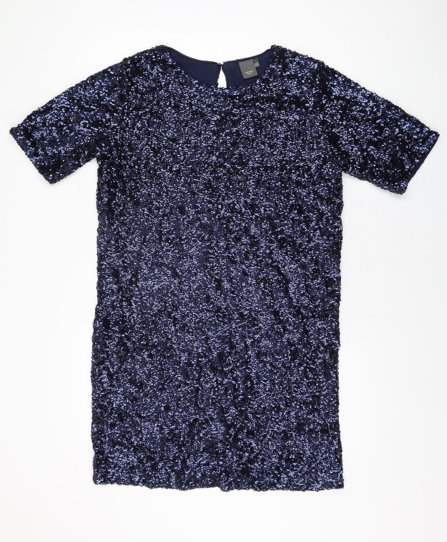 ICHI Womens Blue Polyester Shift Size M Round Neck Button - Sequins
