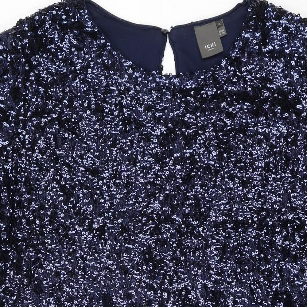 ICHI Womens Blue Polyester Shift Size M Round Neck Button - Sequins