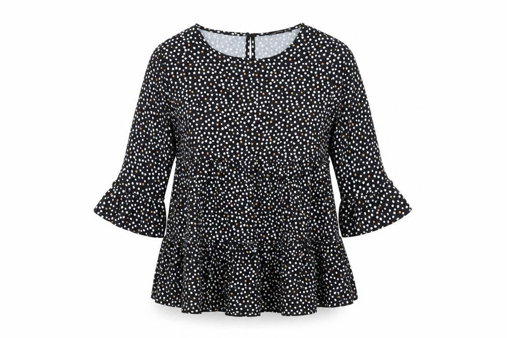 Front view of New Look women’s black polka dot polyester basic blouse, size UK 8, round neck