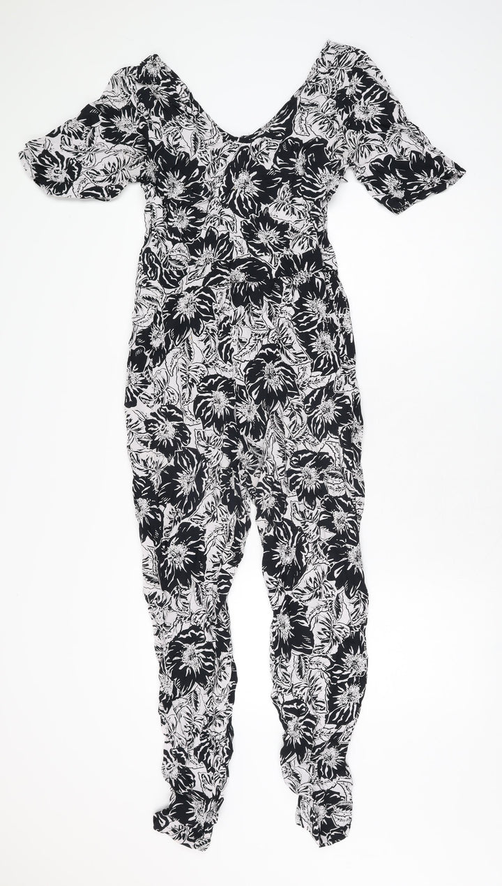 Neon Rose Womens Black Floral Viscose Jumpsuit One-Piece Size 10 L28 in Zip