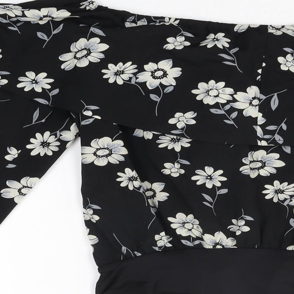 Missguided Womens Black Floral Polyester Bodysuit One-Piece Size 8 Snap