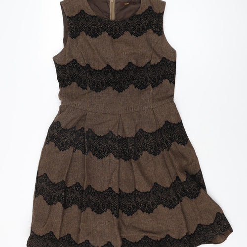 Soma Womens Brown Geometric Polyester Skater Dress Size S Round Neck Zip