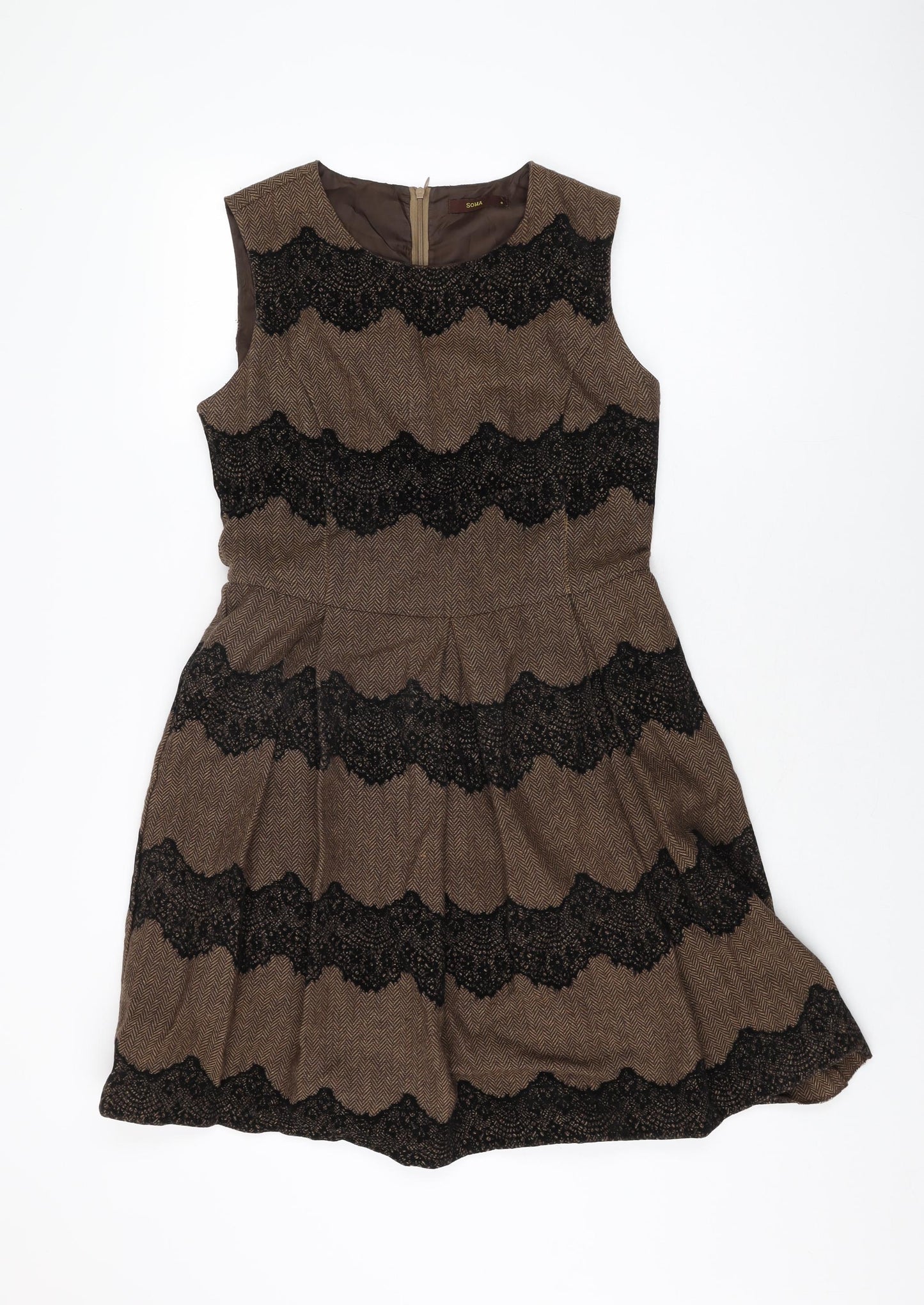 Soma Womens Brown Geometric Polyester Skater Dress Size S Round Neck Zip