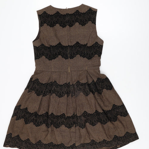 Soma Womens Brown Geometric Polyester Skater Dress Size S Round Neck Zip