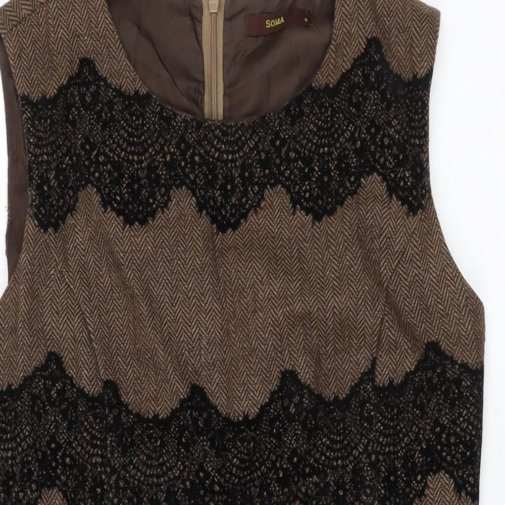Soma Womens Brown Geometric Polyester Skater Dress Size S Round Neck Zip