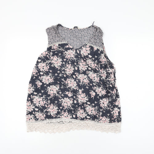 M&Co Womens Blue Floral Viscose Basic T-Shirt Size 12 V-Neck
