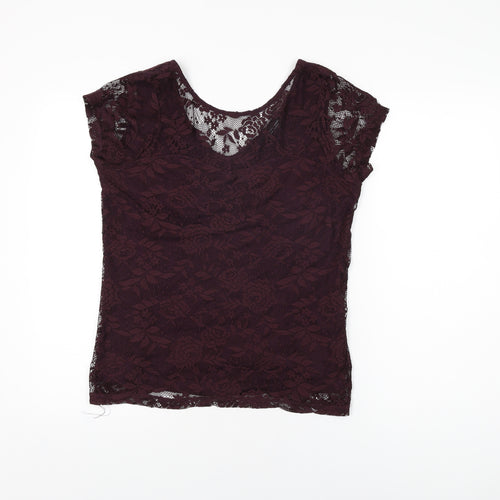 Dorothy Perkins Womens Purple Floral Polyester Basic T-Shirt Size 14 Round Neck