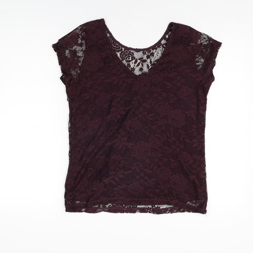 Dorothy Perkins Womens Purple Floral Polyester Basic T-Shirt Size 14 Round Neck