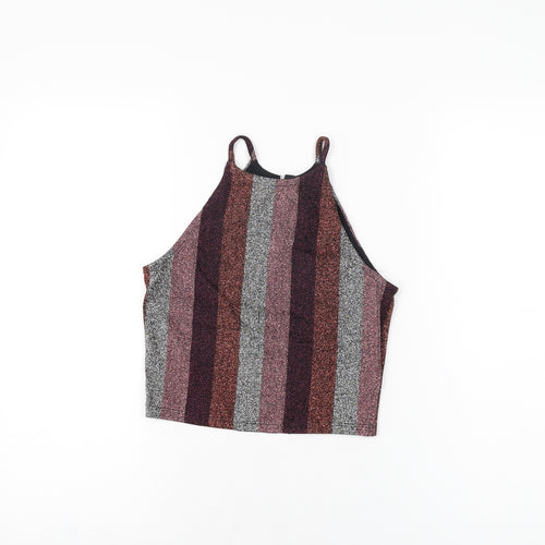 Topshop Womens Multicoloured Striped Polyester Cropped T-Shirt Size 8 Round Neck