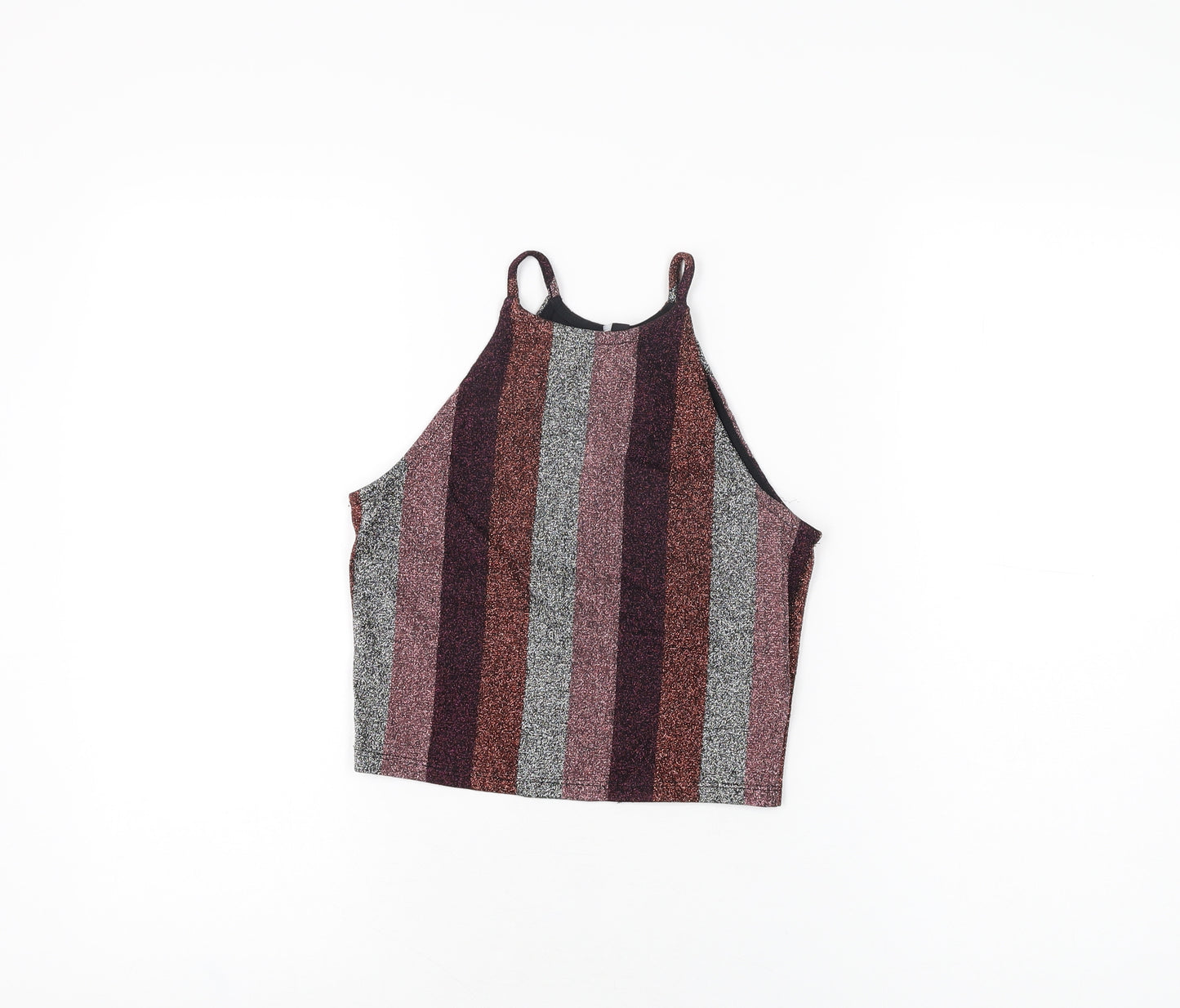 Topshop Womens Multicoloured Striped Polyester Cropped T-Shirt Size 8 Round Neck