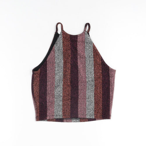 Topshop Womens Multicoloured Striped Polyester Cropped T-Shirt Size 8 Round Neck