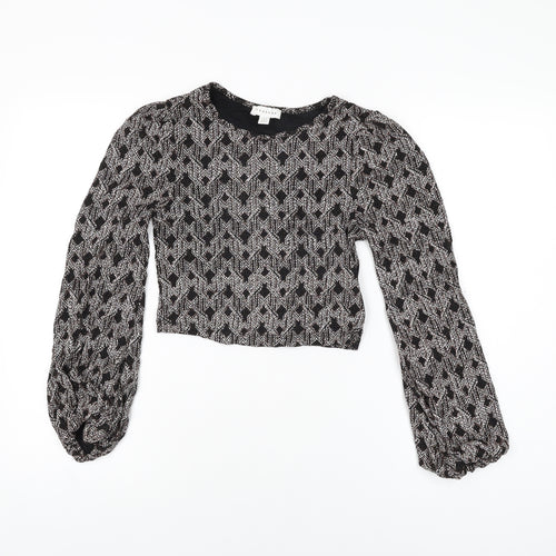 Topshop Womens Black Geometric Nylon Cropped T-Shirt Size 8 Round Neck