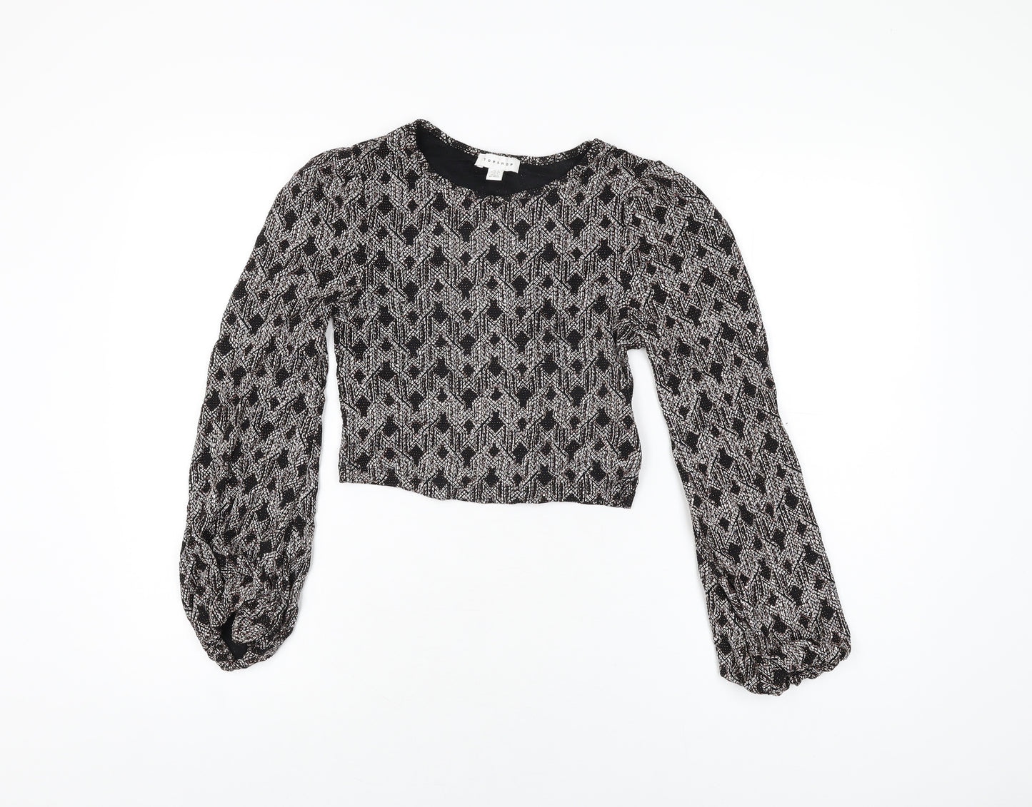 Topshop Womens Black Geometric Nylon Cropped T-Shirt Size 8 Round Neck