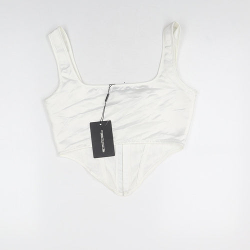 PRETTYLITTLETHING Womens White Polyester Cropped T-Shirt Size 12 Square Neck