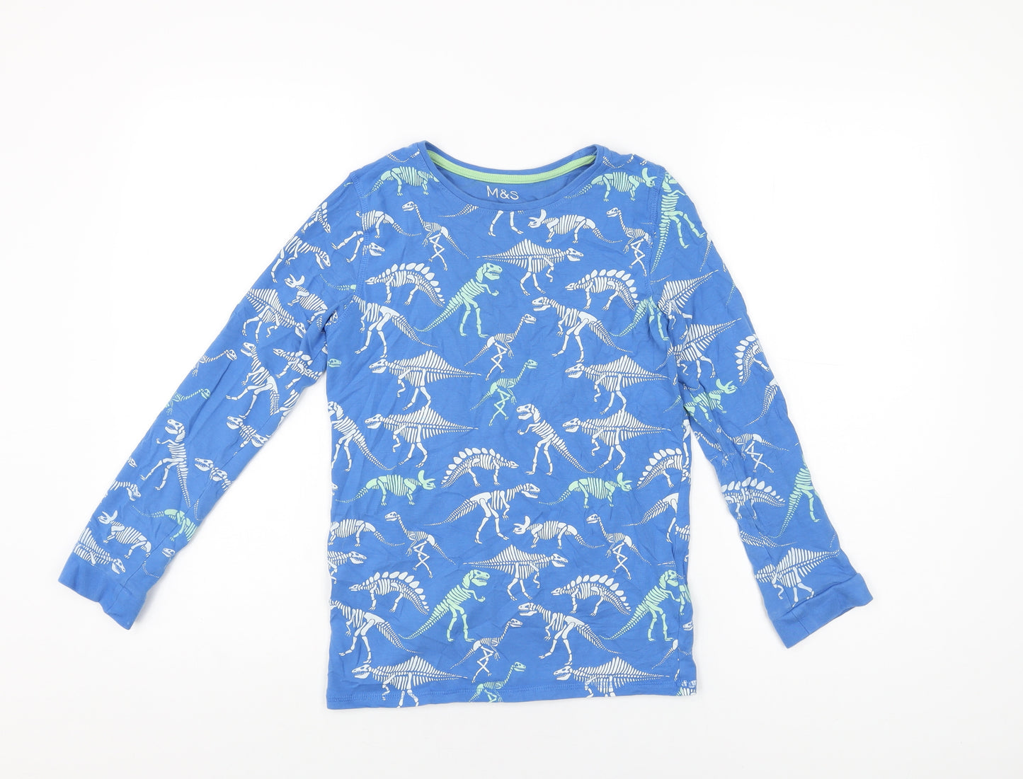 Marks and Spencer Boys Blue Geometric Cotton Basic T-Shirt Size 10-11 Years Round Neck Pullover - Dinosaur Skeletons