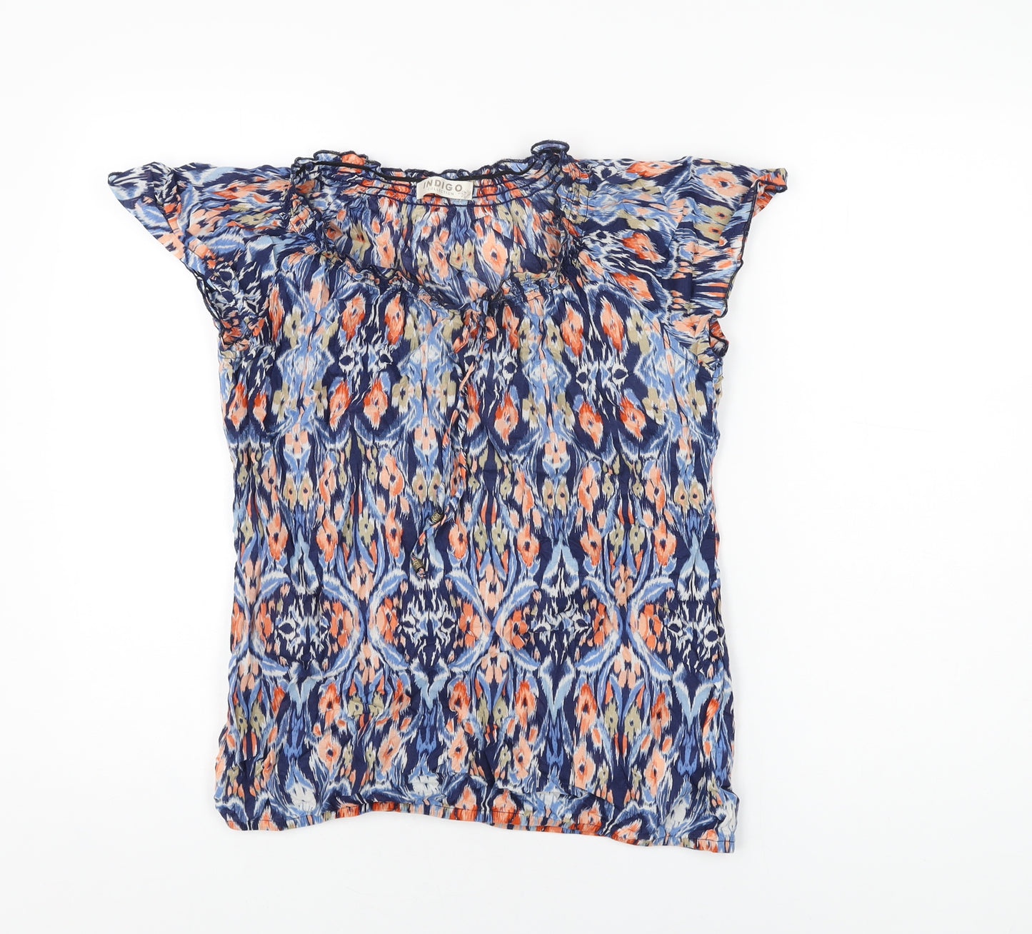 Marks and Spencer Womens Blue Geometric Cotton Basic T-Shirt Size 10 Off the Shoulder