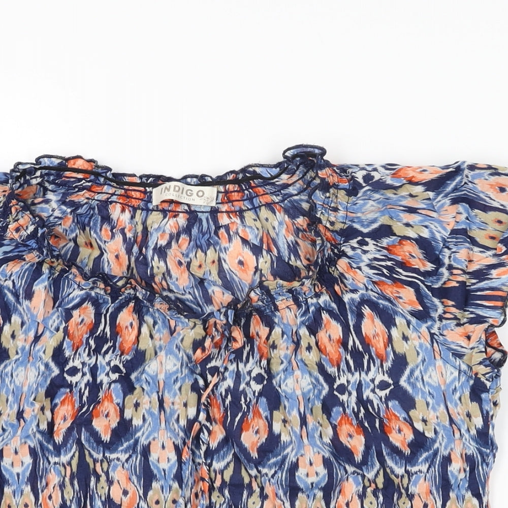 Marks and Spencer Womens Blue Geometric Cotton Basic T-Shirt Size 10 Off the Shoulder