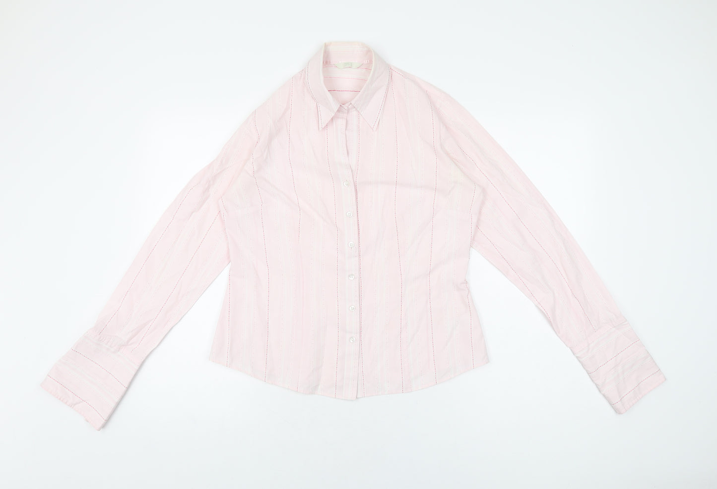 Marks and Spencer Womens Pink Striped Cotton Basic Button-Up Size 14 Collared