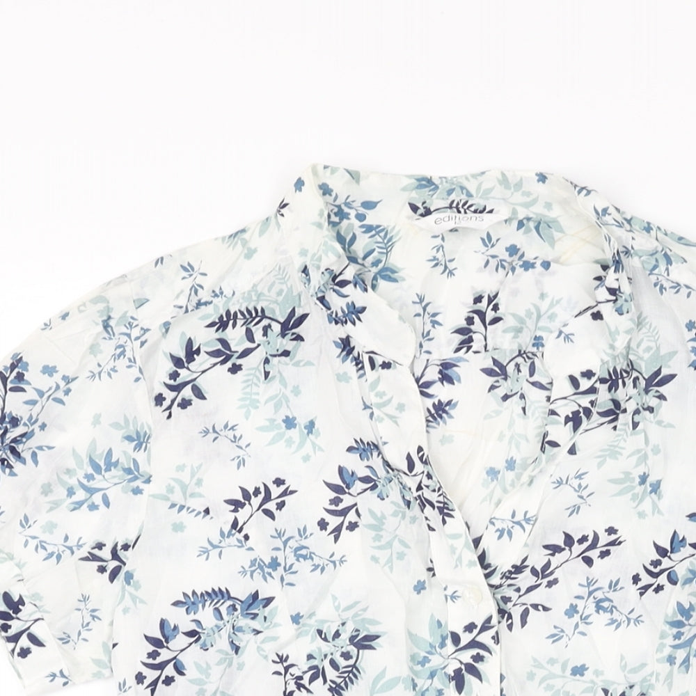 Editions Womens White Floral Cotton Basic Button-Up Size 12 V-Neck