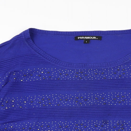 Paramour Womens Blue Geometric Viscose Basic T-Shirt Size L Round Neck