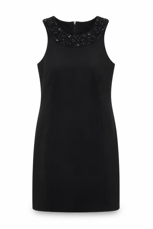 Front view of Opera Richards women’s black polyester shift, size UK 12, round neck zip