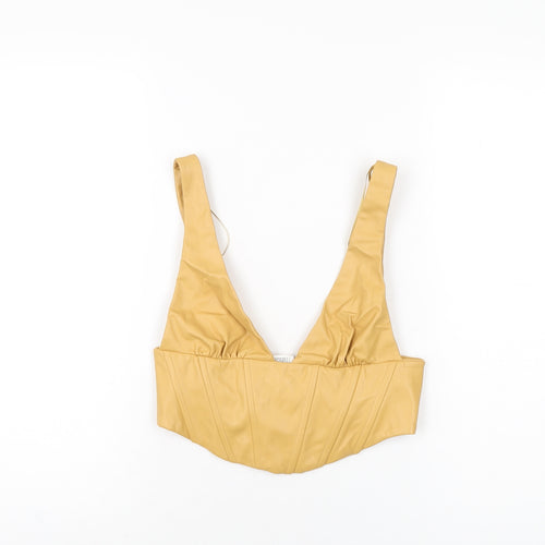 Zara Womens Yellow Polyester Cropped T-Shirt Size XS V-Neck