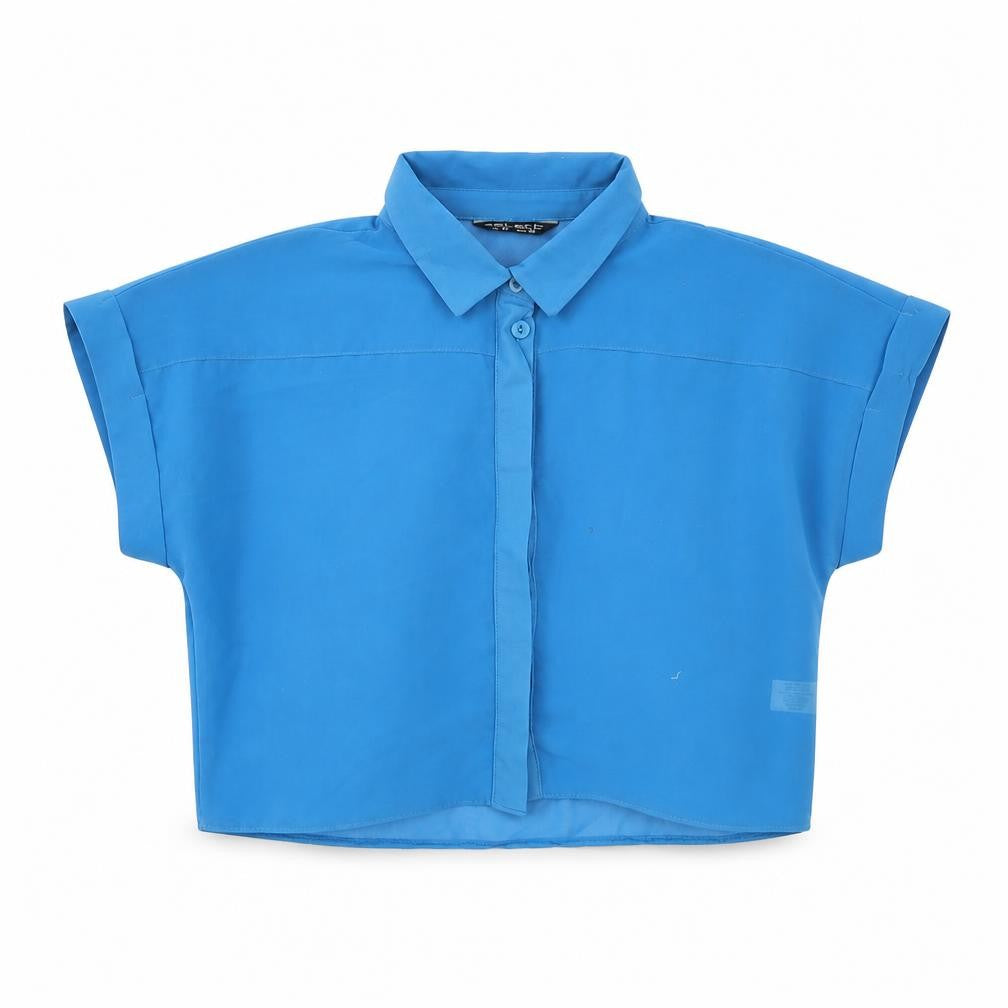 Select Womens Blue Polyester Cropped Button-Up Size 10 Collared