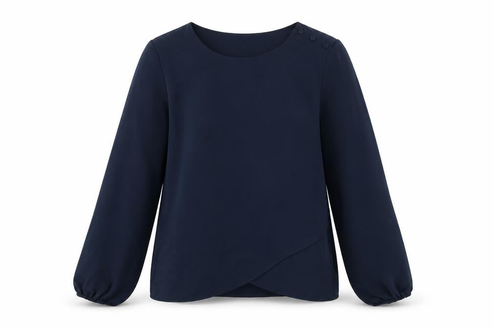 Front view of Mango women’s blue polyester basic blouse, size S, round neck
