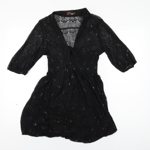 Yumi Womens Black Geometric Polyester Mini Size S V-Neck Pullover - Size S/M