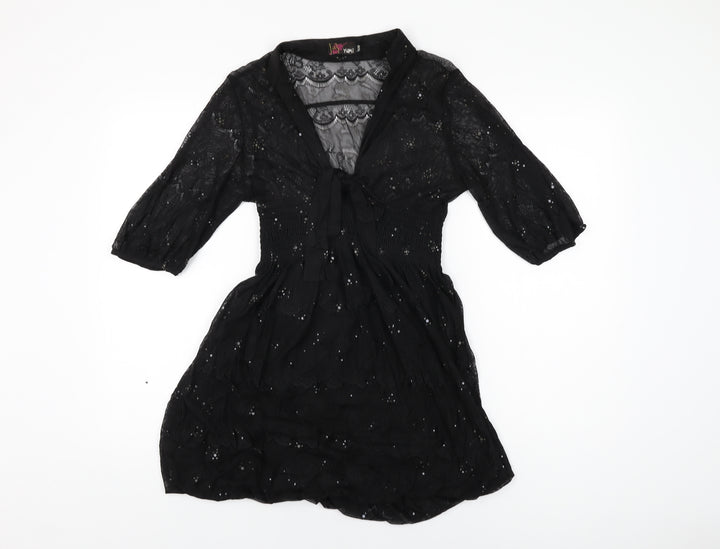 Yumi Womens Black Geometric Polyester Mini Size S V-Neck Pullover - Size S/M