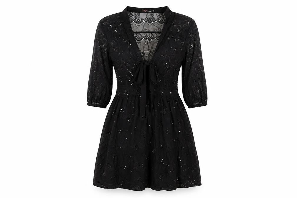 Front view of Yumi women’s black geometric polyester mini, size S, v-neck pullover -, size S/m
