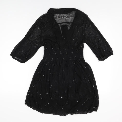 Yumi Womens Black Geometric Polyester Mini Size S V-Neck Pullover - Size S/M