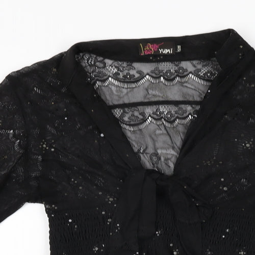 Yumi Womens Black Geometric Polyester Mini Size S V-Neck Pullover - Size S/M