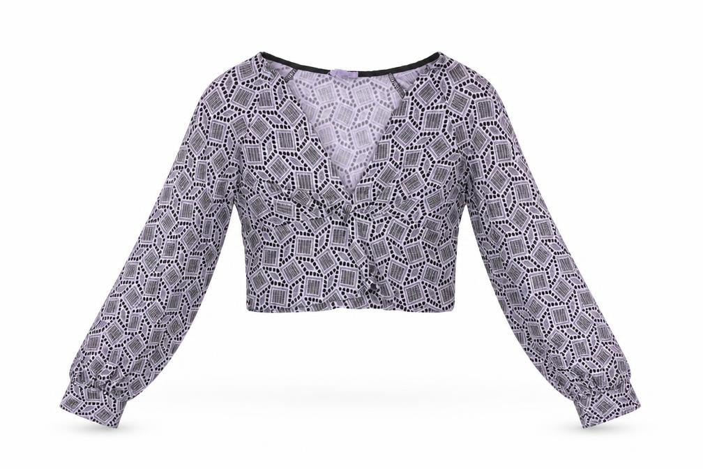 Pins & Needles Womens Purple Geometric Polyester Cropped T-Shirt Size S V-Neck