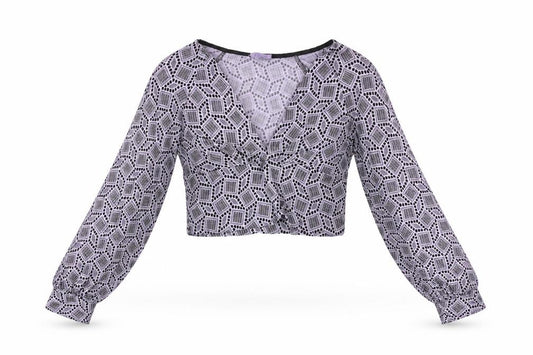Front view of Pins & Needles women’s purple geometric polyester cropped t-shirt, size S, v-neck