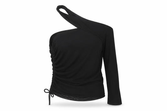 Front view of PRETTYLITTLETHING women’s black polyester basic t-shirt, size UK 8, one shoulder