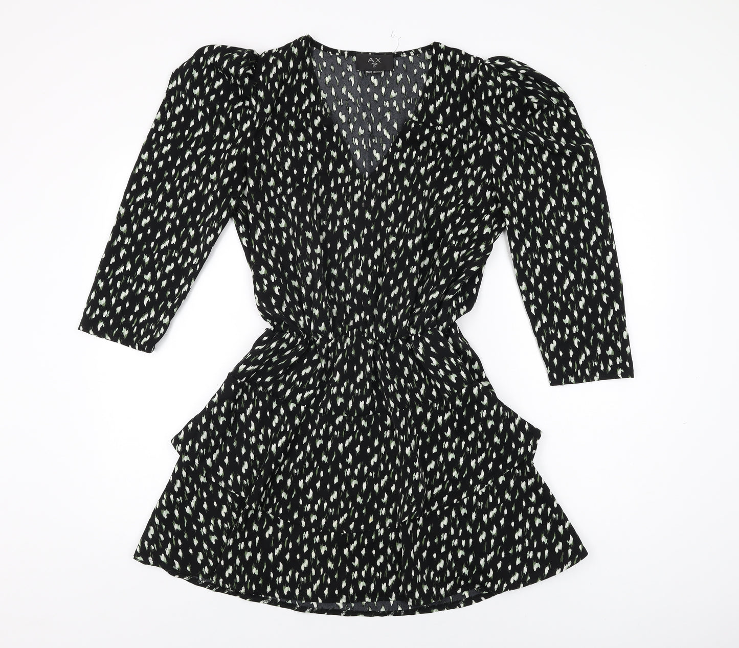 AX Paris Womens Black Geometric Polyester Skater Dress Size 10 V-Neck Pullover