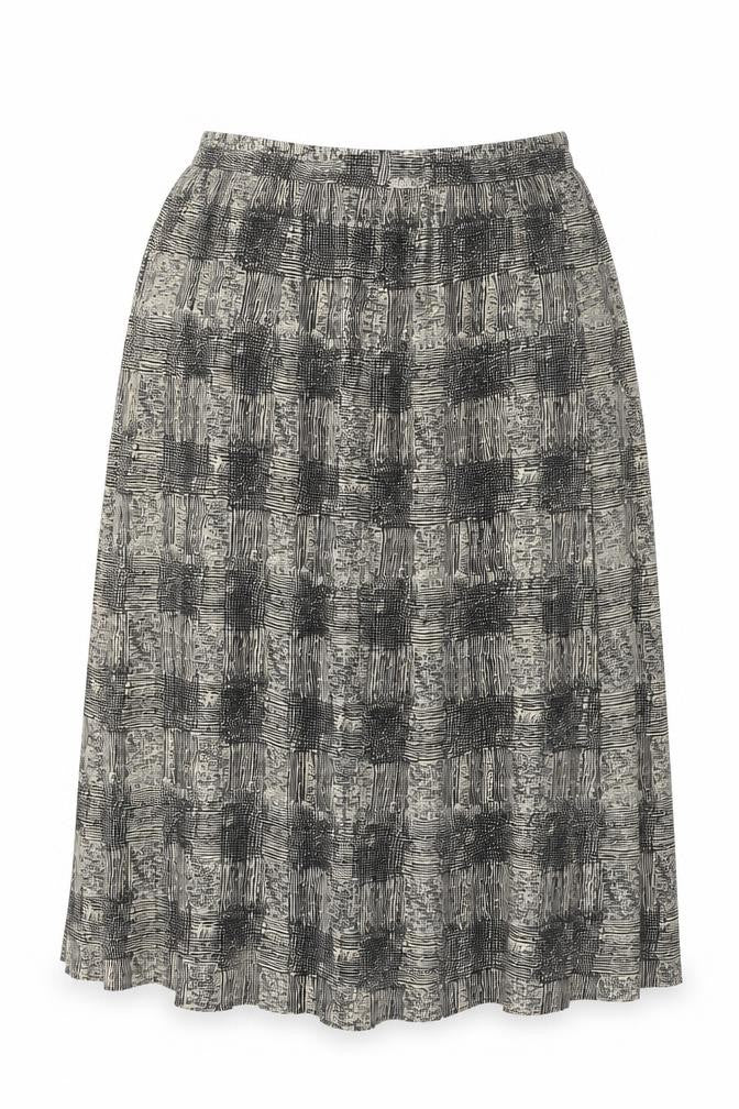 Front view of Bonmarché women’s beige geometric polyester swing skirt, size UK 14